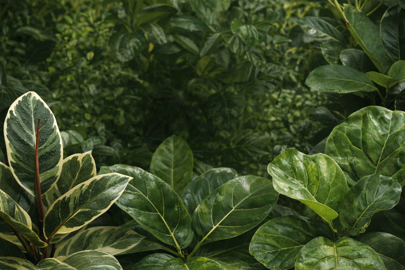 Ficus tropicais de interior com folhagem verde exuberante em ambiente luminoso
